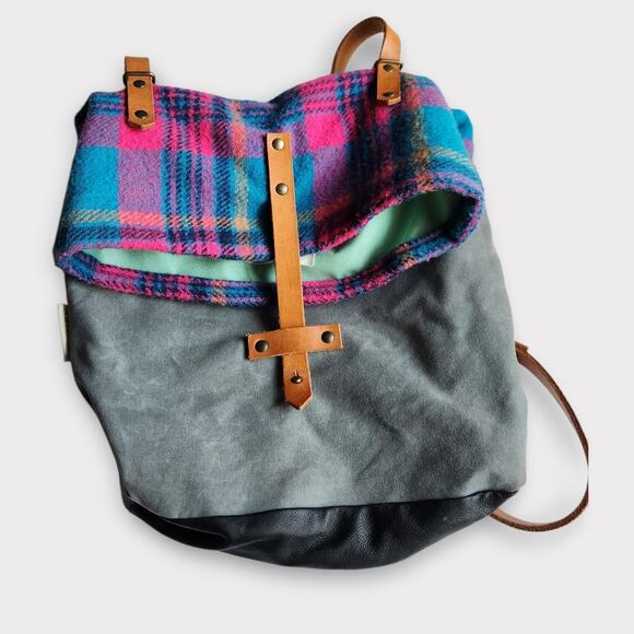 Bri Davey Seward Park Handmade Wool Plaid Backpack Canvas Leather main image 7